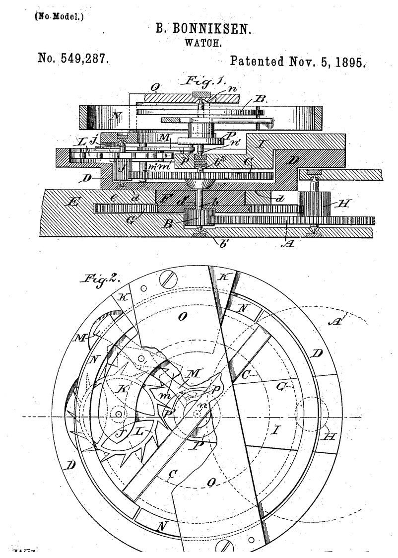 Drawing sheet from Bahne Bonniksen's US patent 549,287 for the karrusel, showing a section through the movement and a plan of the revolving escapement platform