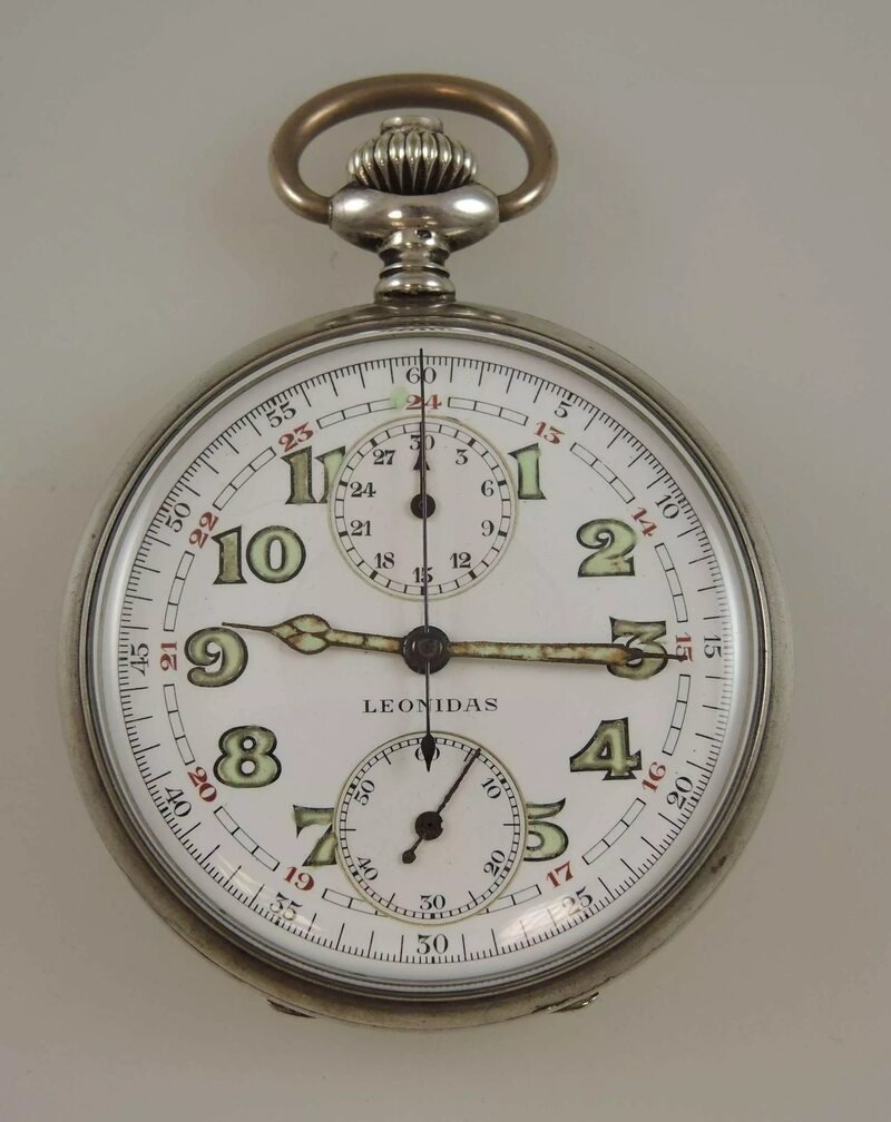 Leonidas chronograph pocket watch, c.1910 — white enamel dial with 30-minute register and luminous Arabic numerals