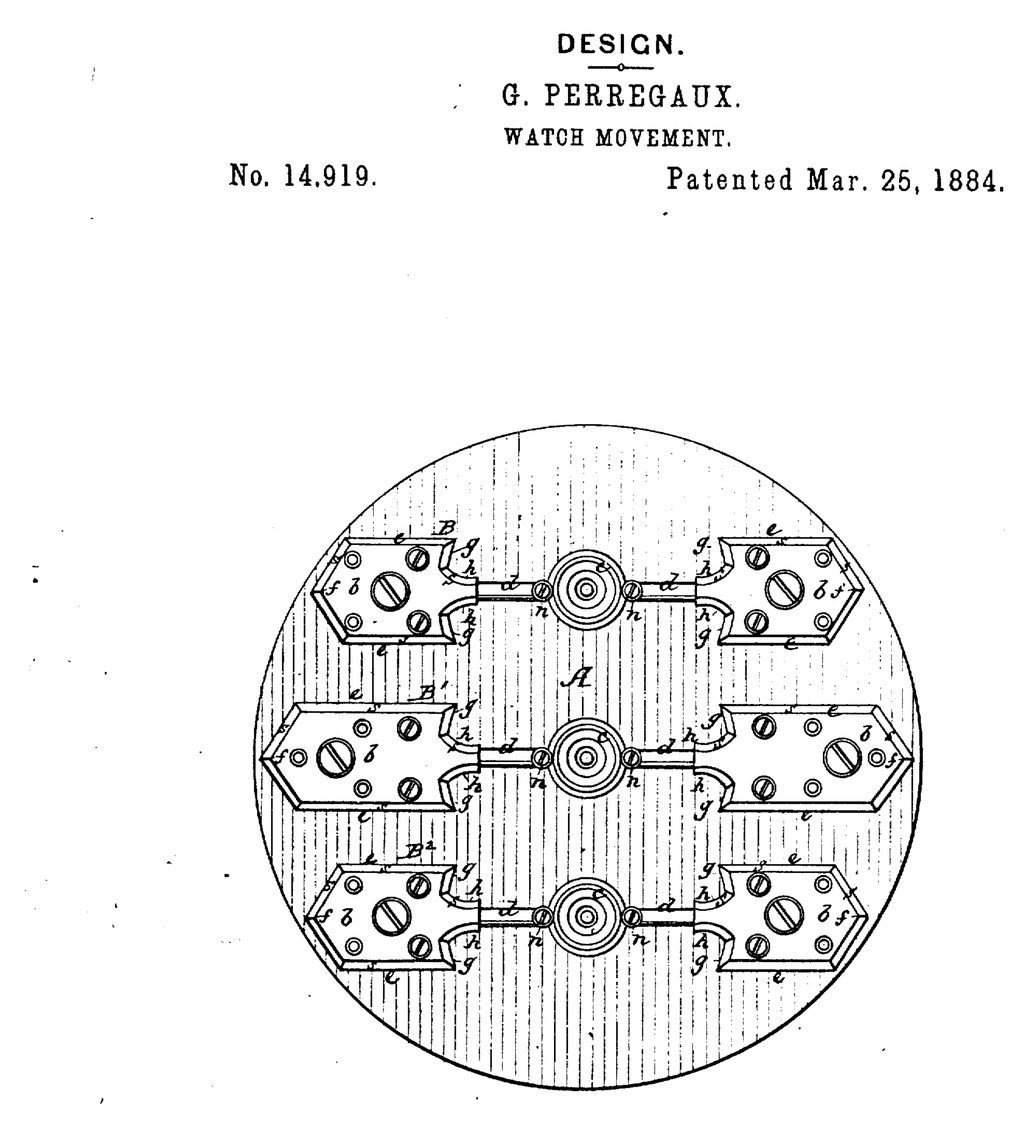 Girard-Perregaux design patent drawing of a watch movement with three parallel arrow-shaped bridges