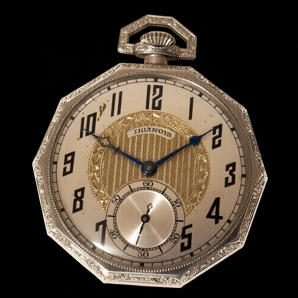Illinois pocket watch — octagonal white gold Art Deco case with two-tone dial
