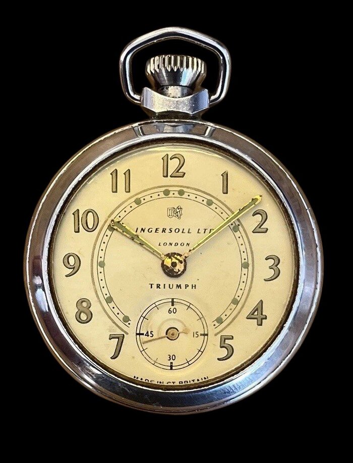 Ingersoll Triumph pocket watch — Ingersoll Ltd London, chrome open-face case, cream dial with gilt Arabic numerals, gold-tone hands, Made in Gt Britain
