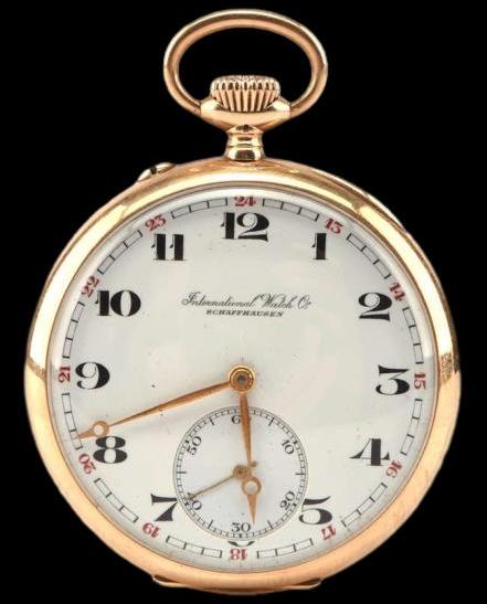 International Watch Co. Schaffhausen pocket watch in rose gold case with 24-hour dial