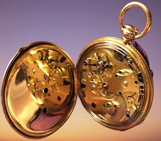 Open Lepine caliber IIA pocket watch with quarter repeater, showing the gilt bridge movement