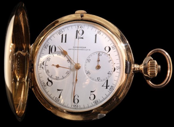 Longines Anti-Magnetique chronograph in an 18K hunter case, enamel dial with register