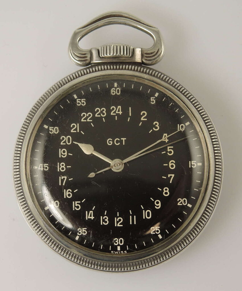 Longines GCT navigator's pocket watch, c.1940 — black dial, 24-hour chapter ring, US Army Air Forces issue