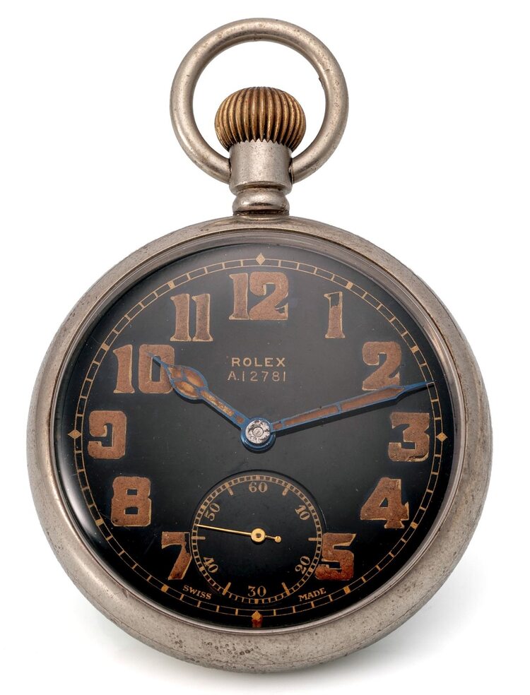Rolex military pocket watch A.12781, WWII British issue — black dial, luminous Arabic numerals, nickel case