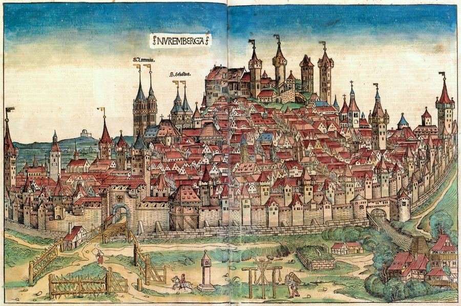 The Nuremberg Chronicle's 1493 view of the walled city, its towers and gates
