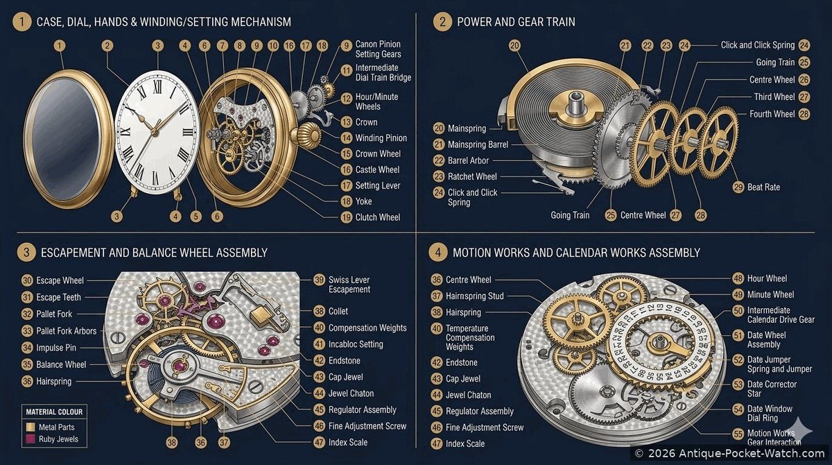 Numbered pocket watch parts diagram — all 55 components labelled across four assemblies