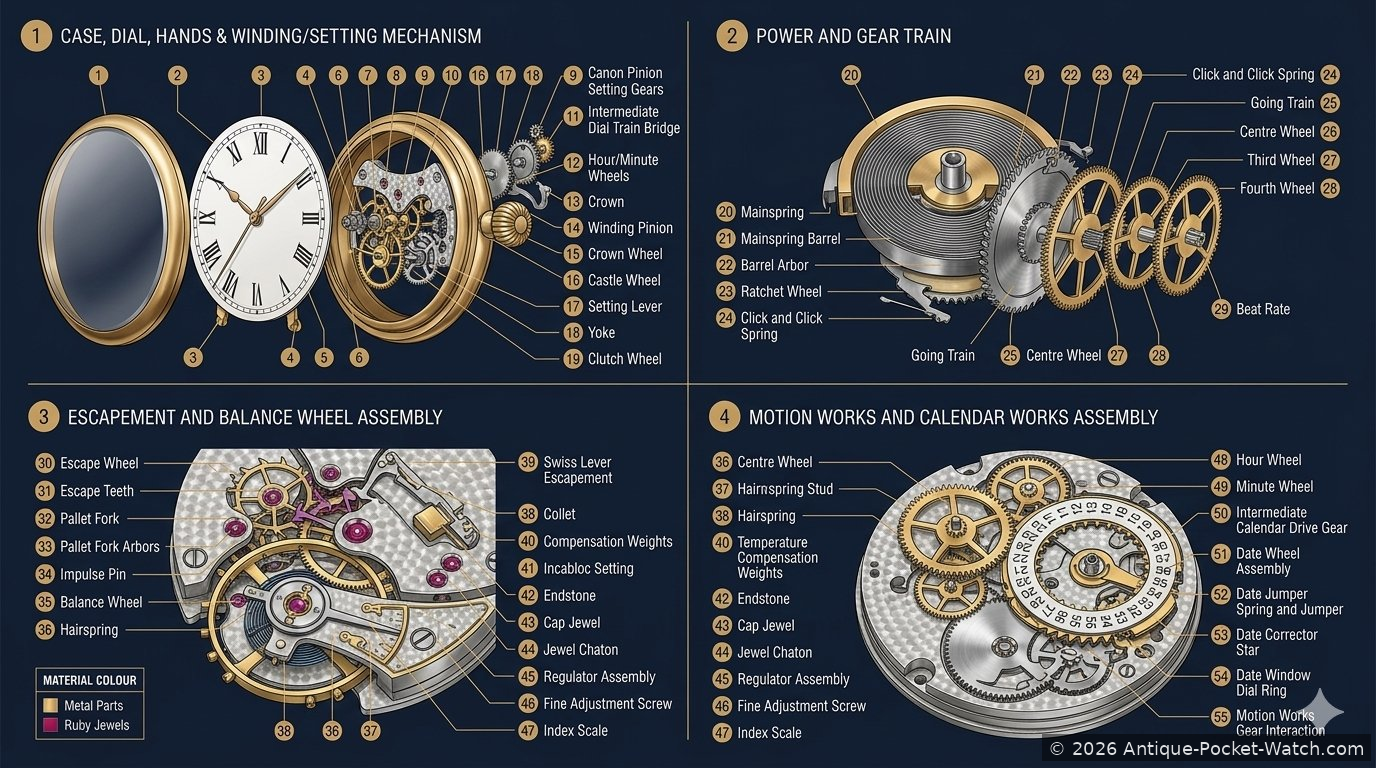 Numbered pocket watch parts diagram — all 55 components labelled across four assemblies