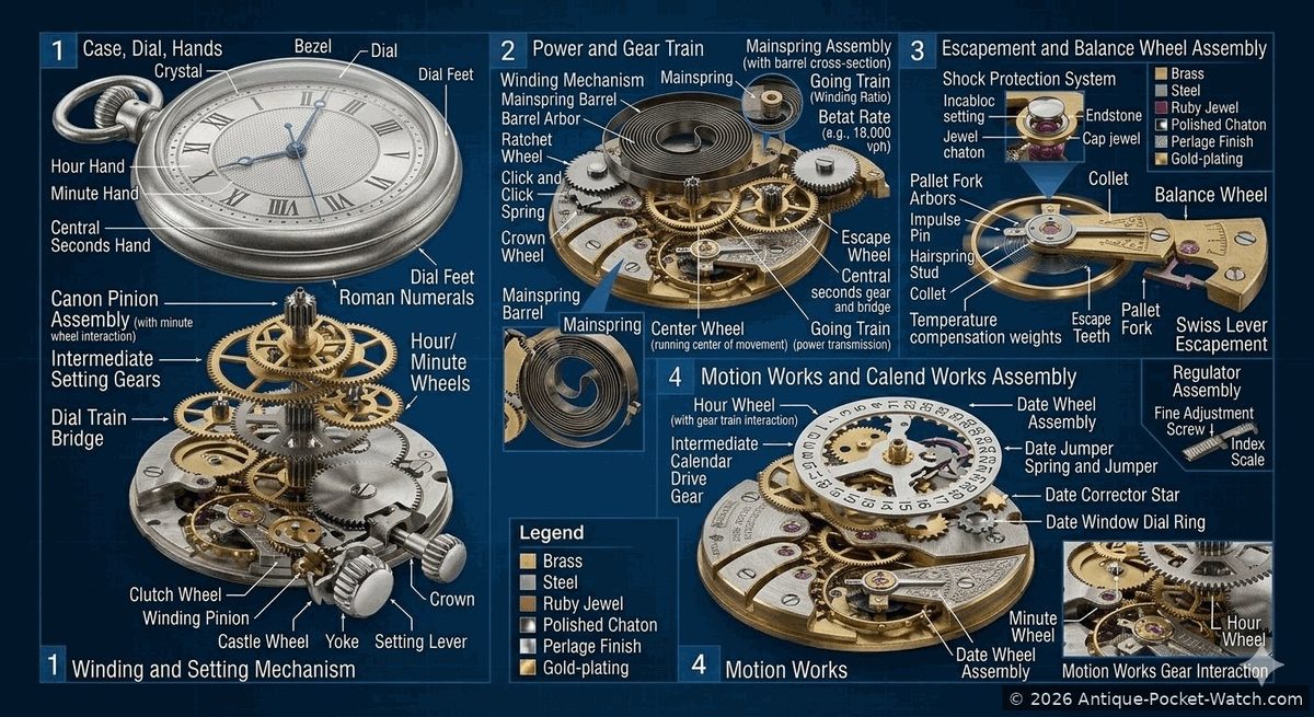 Exploded view of pocket watch parts across all four assemblies, with materials shown