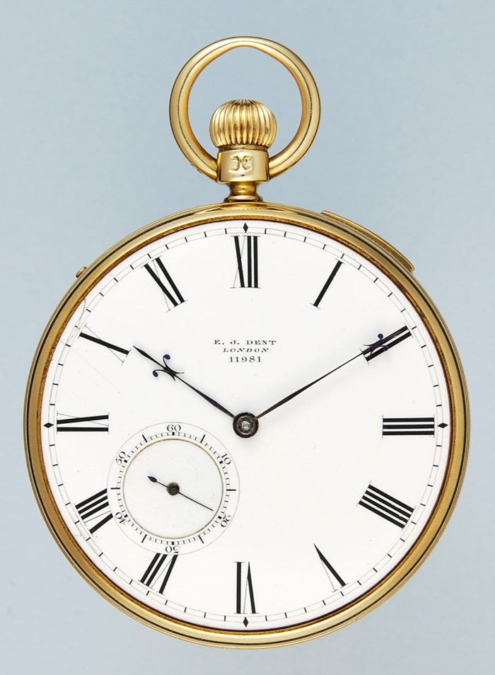 E.J. Dent London quarter repeating pocket watch — 18-carat gold open-face case, Roman numeral dial, serial 11981