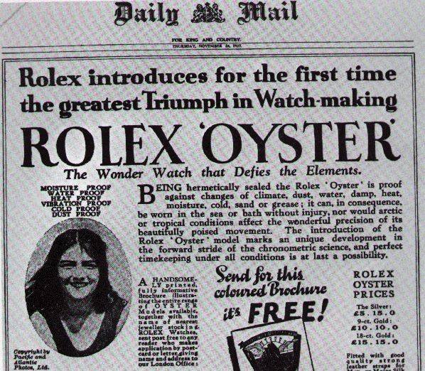 Original 1927 Daily Mail advertisement for the Rolex Oyster showing Mercedes Gleitze's Channel swim