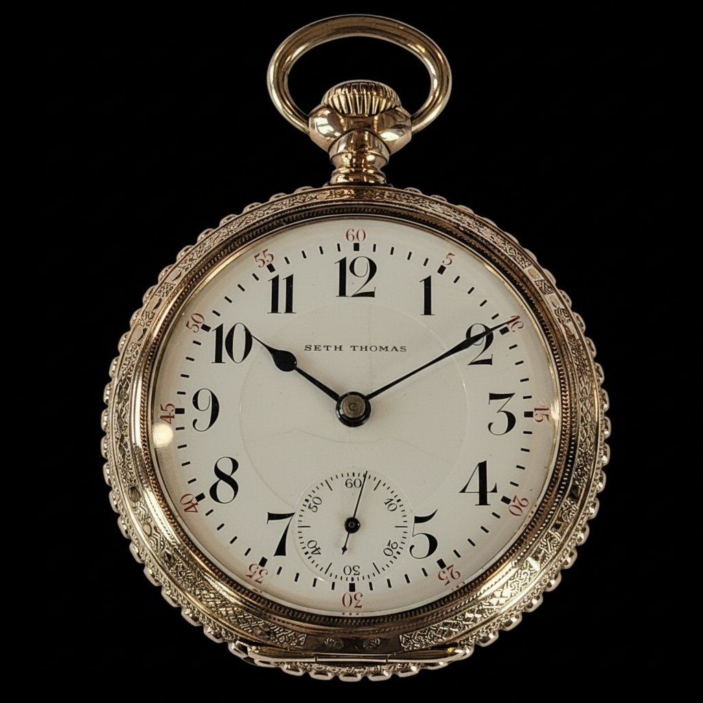 Seth Thomas pocket watch with ornate silver case and enamel dial