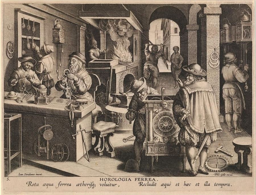 Stradanus's engraving of a clockmaker's workshop, several craftsmen at separate benches