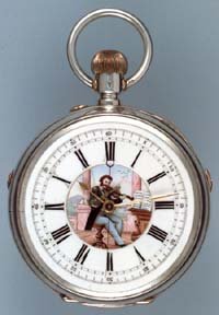 Swiss musical automaton watch — silver case with violinist on enamel dial, small view