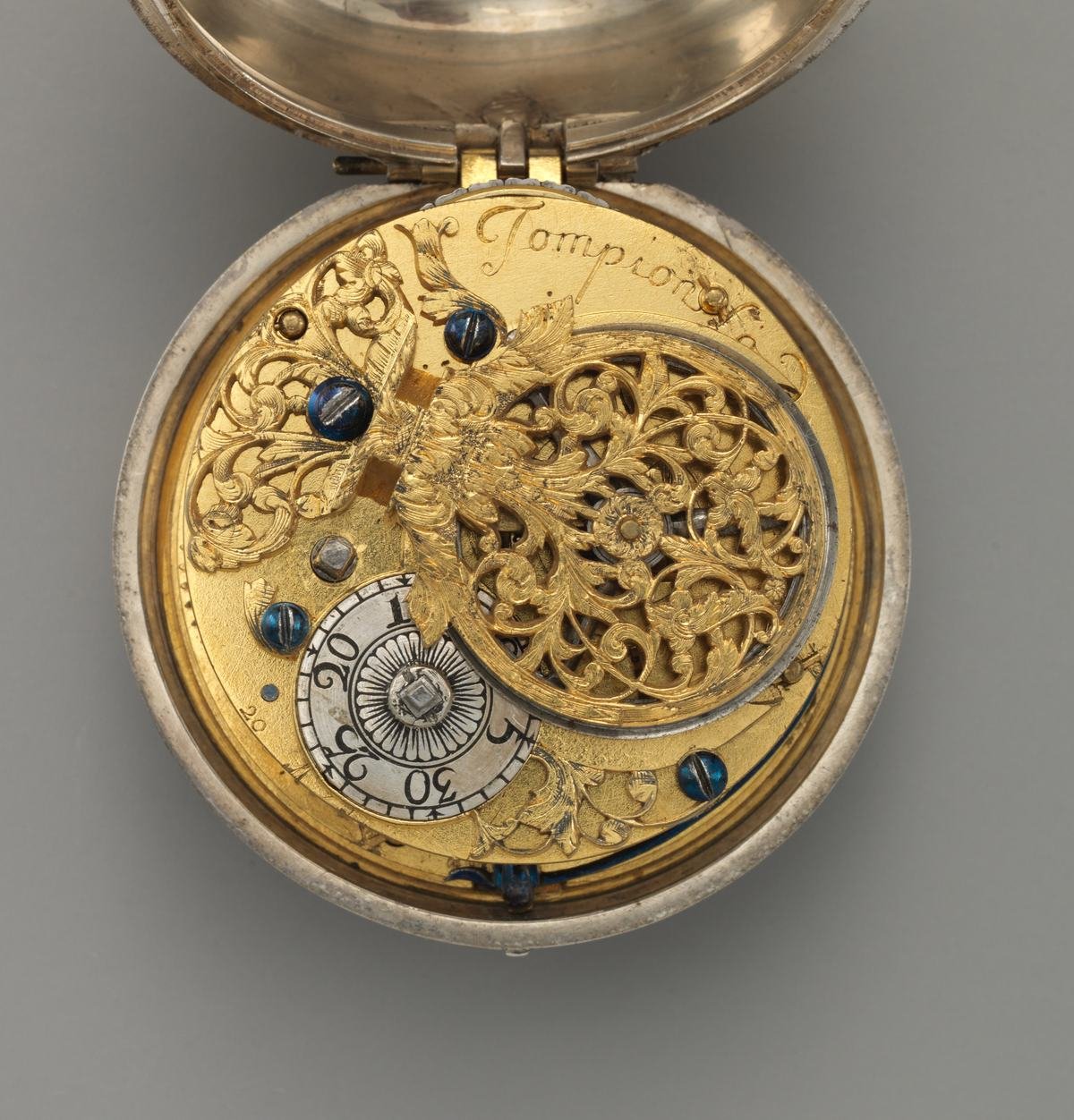 Gilt full-plate verge movement signed Tompion with a large pierced balance cock