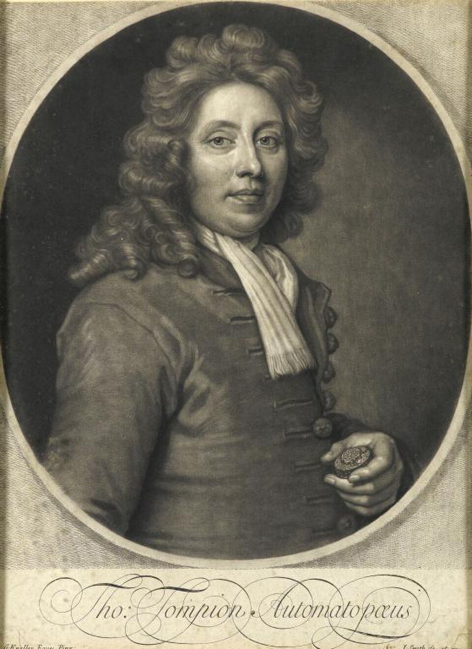 Mezzotint portrait of Thomas Tompion holding a watch movement