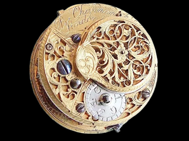 Verge fusee movement from the side showing the deep drum construction and upright crown wheel