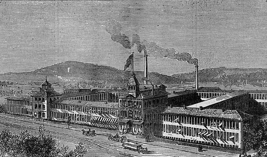 Wood engraving of the Waltham watch factory in Massachusetts with chimneys and a horse tram