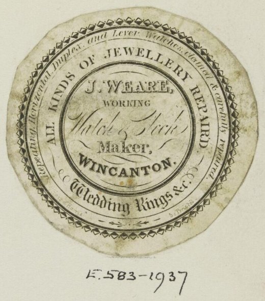 Engraved advertising watch paper for J. Weare, watch and clock maker of Wincanton, within a decorative border